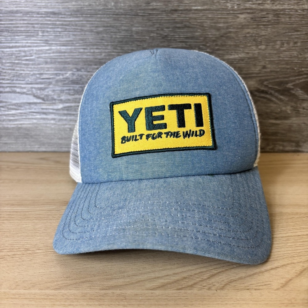 YETI Hat Cap Snap Back Blue Yellow Mesh Trucker Patch Built For The Wild Mens
